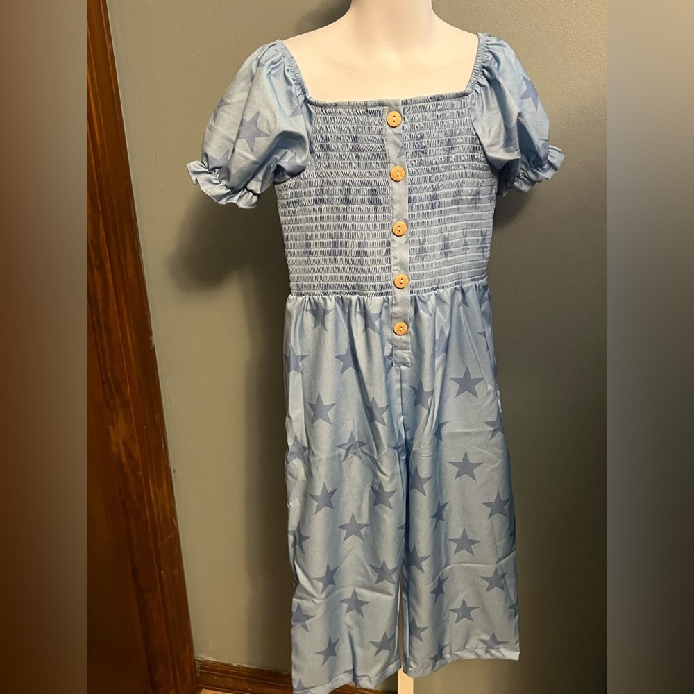 Marie Nicole Light Blue Star Girls Smocked Pant Romper NWT Size 7